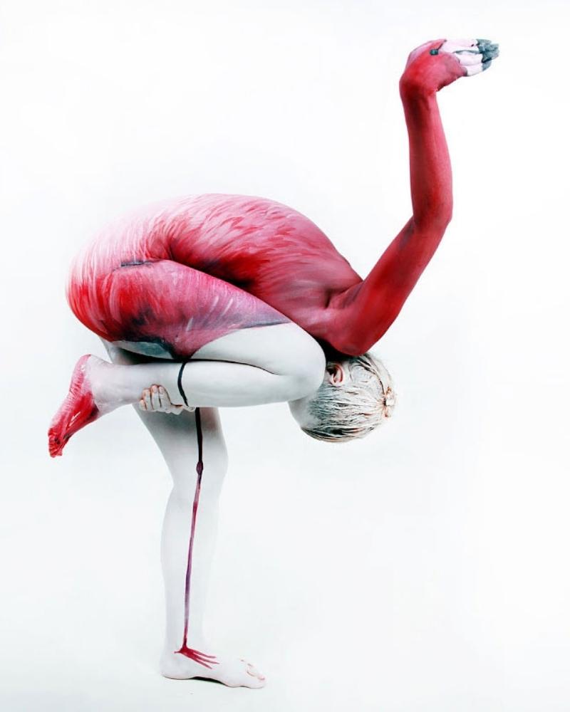 Becoming a flamingo takes a great deal of balance - and impressive artistic skills